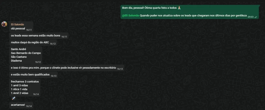 Print de WhatsApp: leads qualificados da região do ABC e 3 contratos fechados