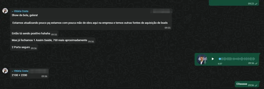 Print de WhatsApp: vendas de Assim Saúde e Porto Seguro